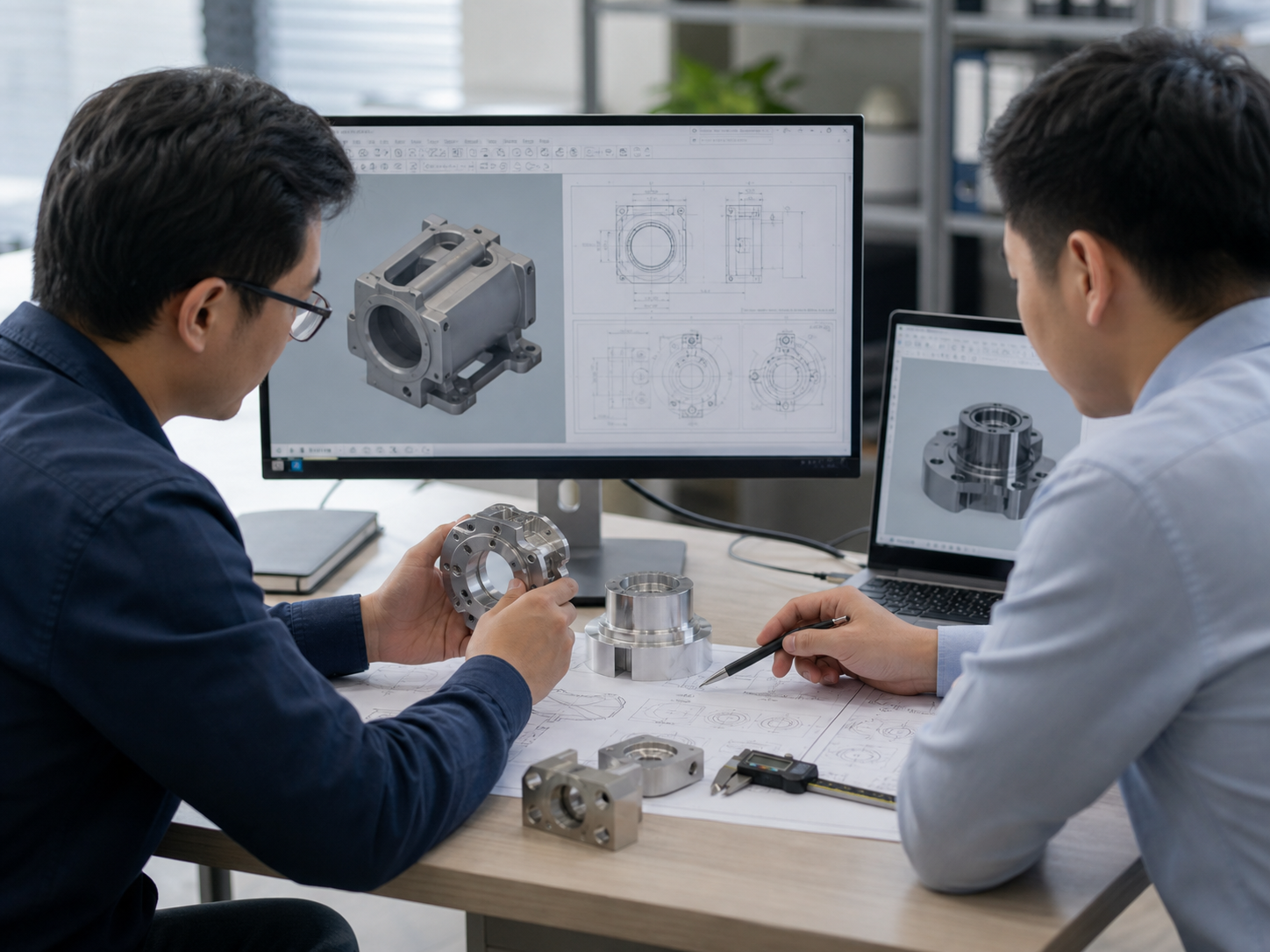 Engineering drawing and machined components on a review desk