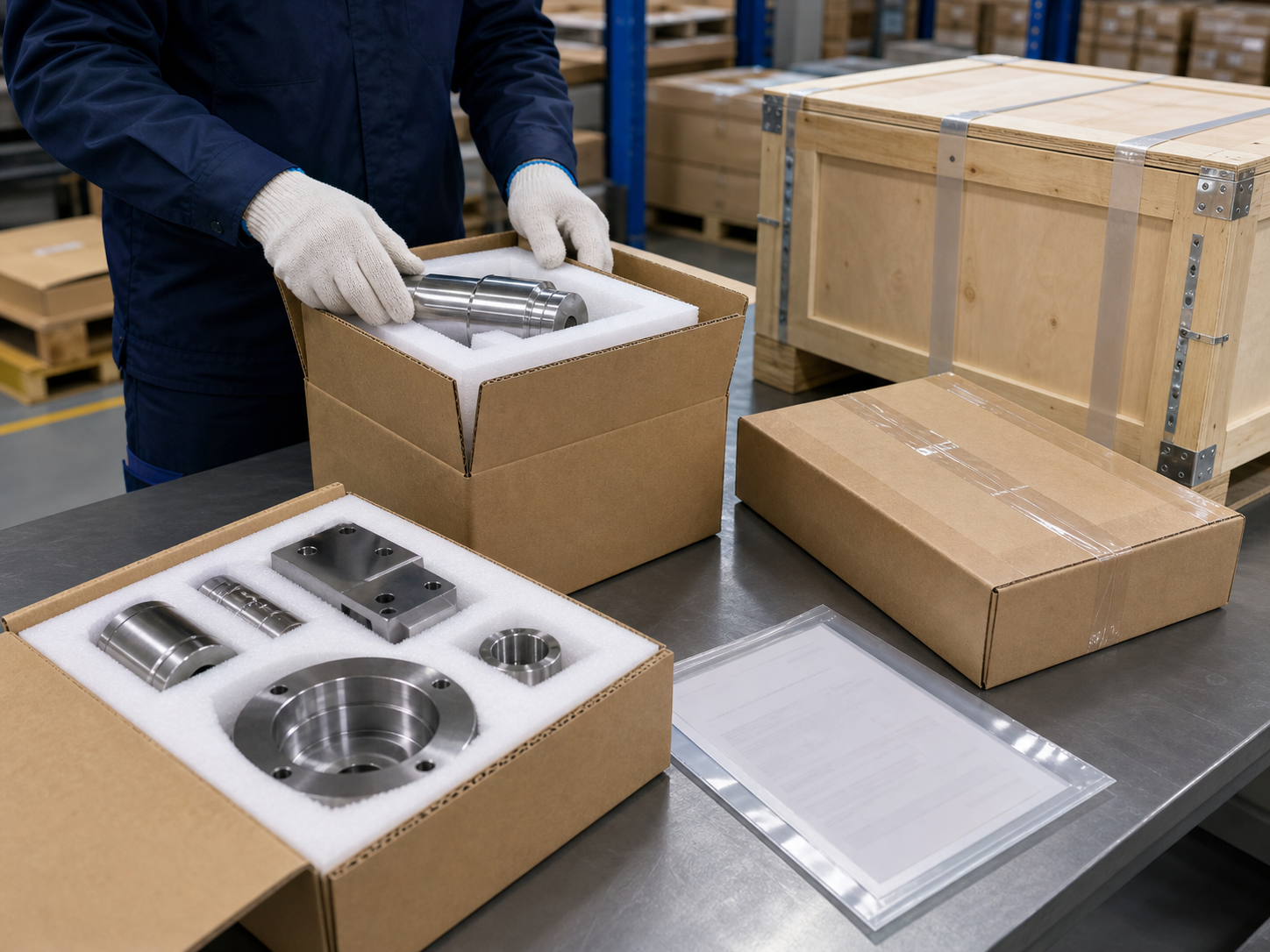 Machined parts in protective packaging for shipment